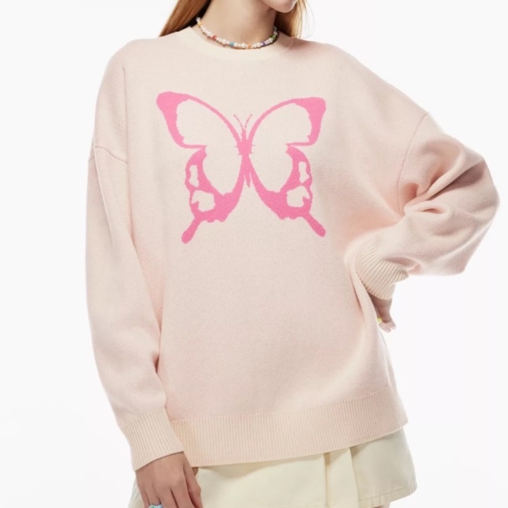 Aritzia Sun-deh Sunday Best Cream Pink Butterfly Print Peggy Oversized Sweater
